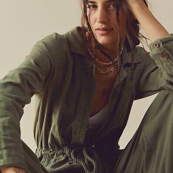 Free People Quinn Coveralls Jumpsuit Dress Cargo Texture Utility Solid S 267065 - Picture 3 of 8